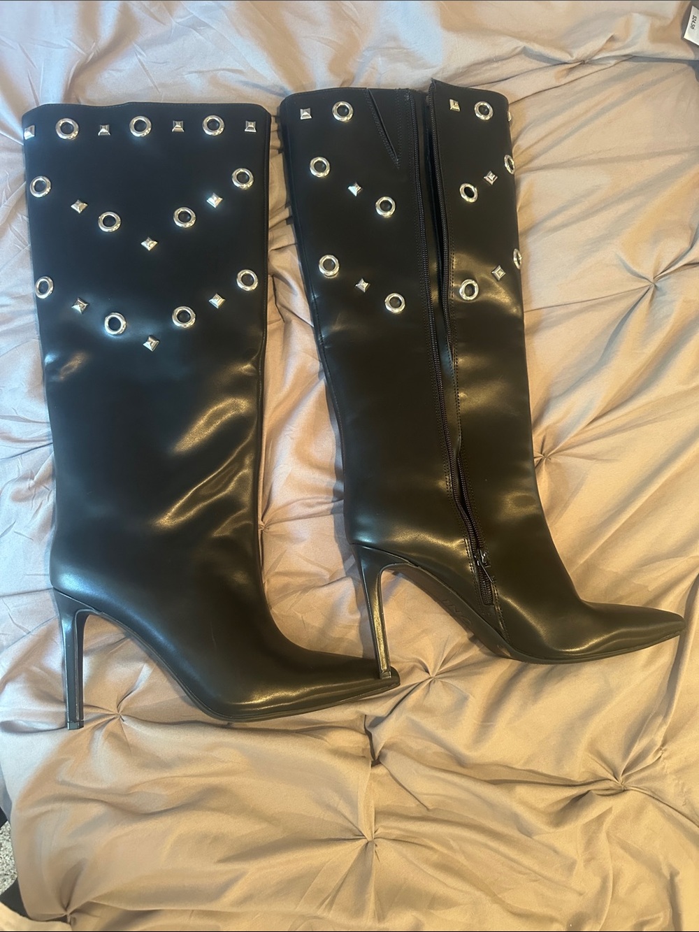 INC International Concepts Black Grommet-Embellished Knee-High Stiletto Boots